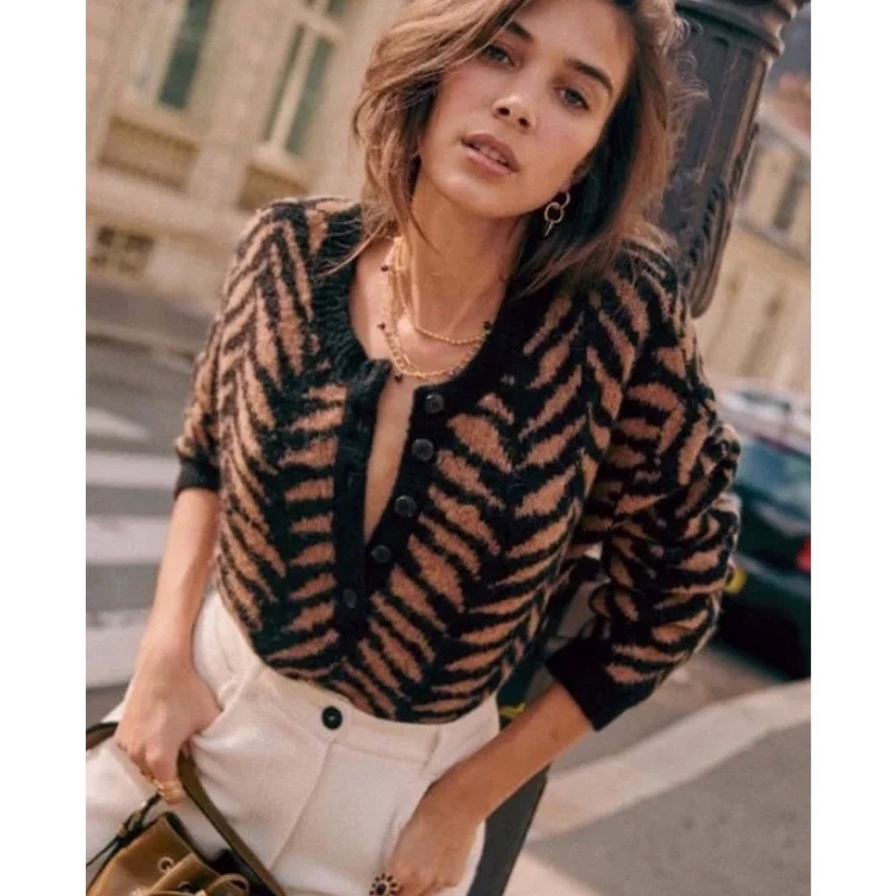 Sezane Black and Brown Zebra-Print Button Henley Sweater